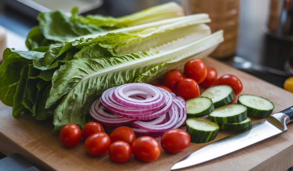 Fresh vegetables and greens displayed for a salad