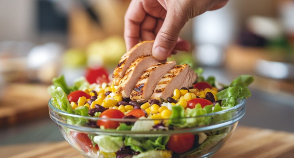 Grilled chicken slices being added to a salad bowl.