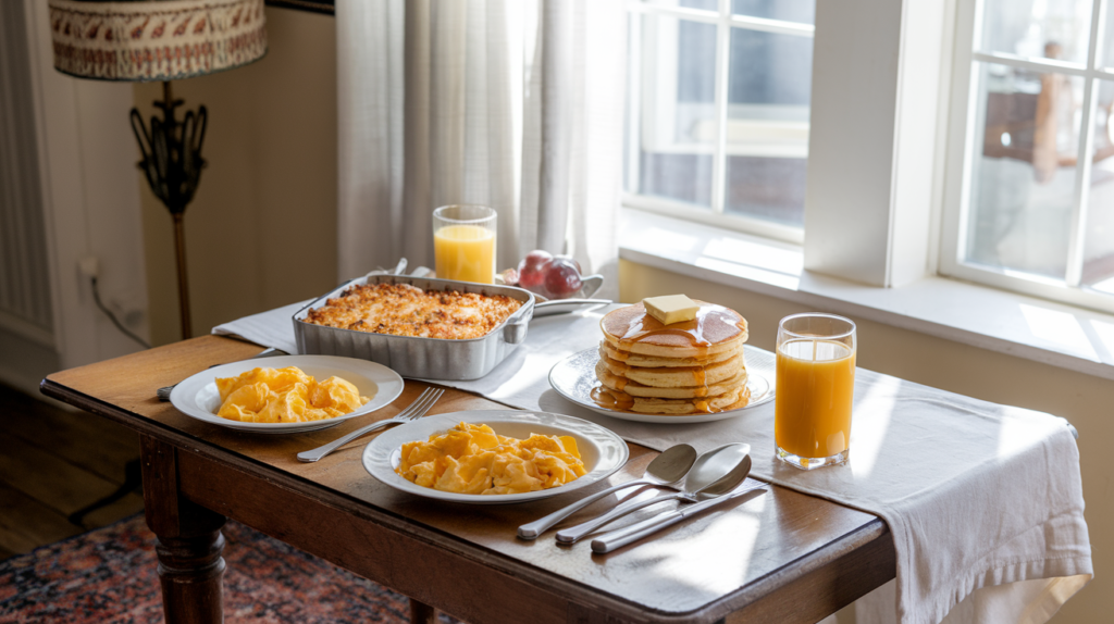 Hashbrown casserole with scrambled eggs, pancakes, and fresh orange juice.