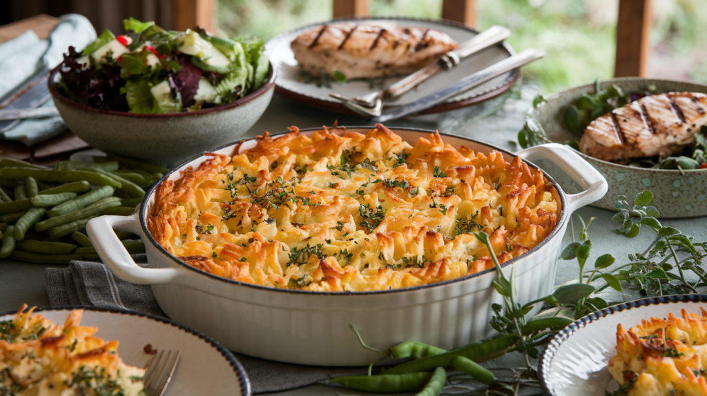 Hashbrown casserole served with side dishes on a rustic table