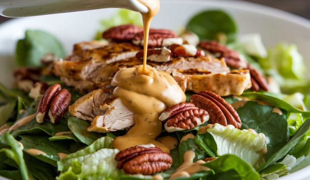 Honey mustard dressing poured over a salad