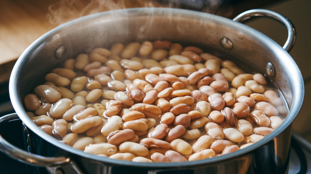  Image of a pot simmering with butter beans and lima beans, ready for cooking.