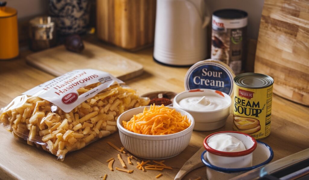 Ingredients for hashbrown casserole, including hashbrowns, cheese, sour cream, and cream of chicken soup