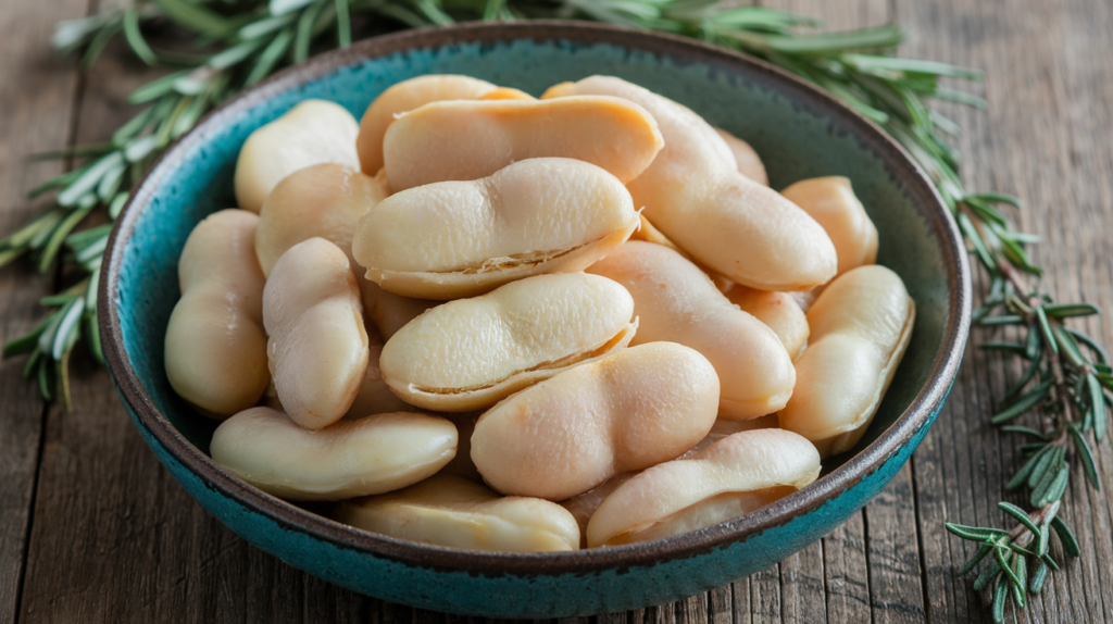 A detailed image showing a bowl of cooked lima beans with a smooth and creamy texture.