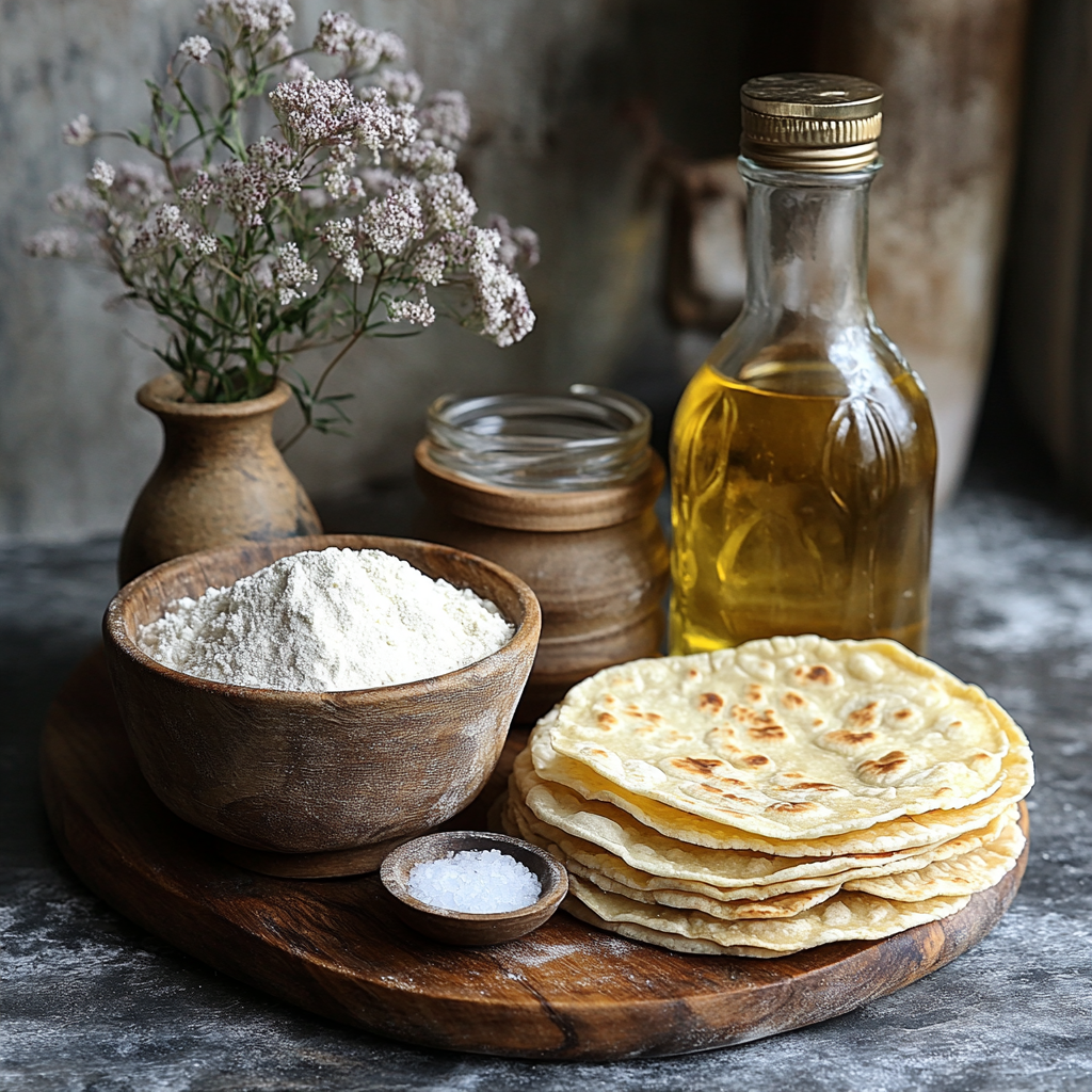 Various ingredients laid out for making homemade tortillas, including flour, oil, and salt.