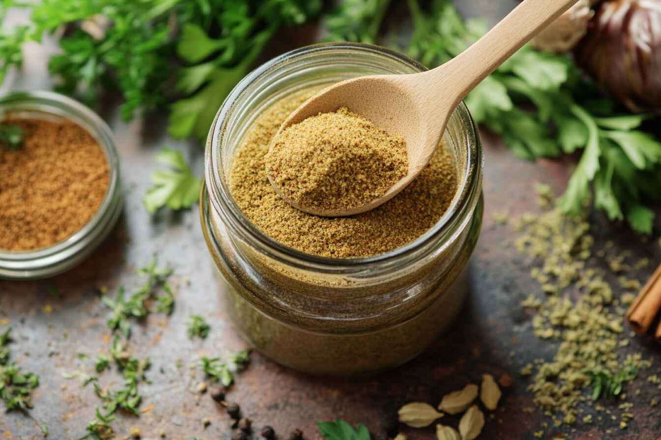 A Jar Of Chicken Bouillon Powder With A Wooden Spoon Scooping Some Out, Placed On A Rustic Kitchen Countertop. Fresh Herbs And Spices Surround The Jar