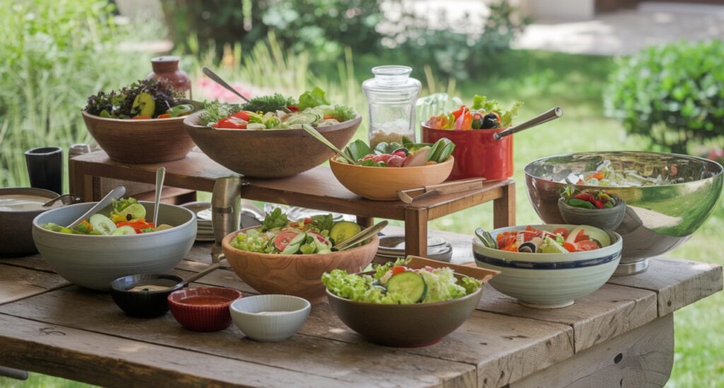 A collection of salad bowls made from ceramic, glass, wood, and stainless steel displayed on a wooden table.