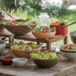 A collection of salad bowls made from ceramic, glass, wood, and stainless steel displayed on a wooden table.