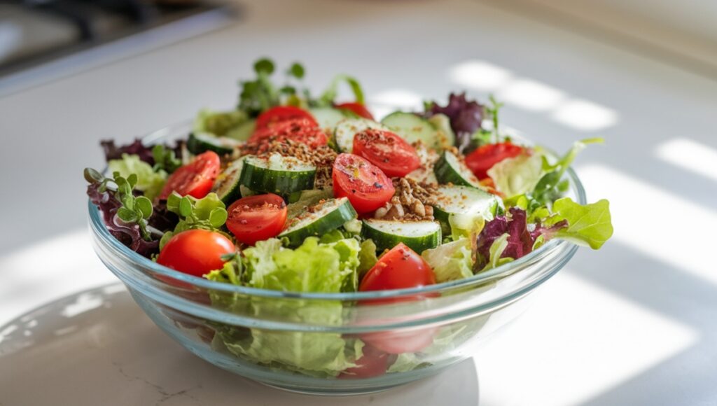 A bowl of salad sprinkled with Salad Supreme seasoning.