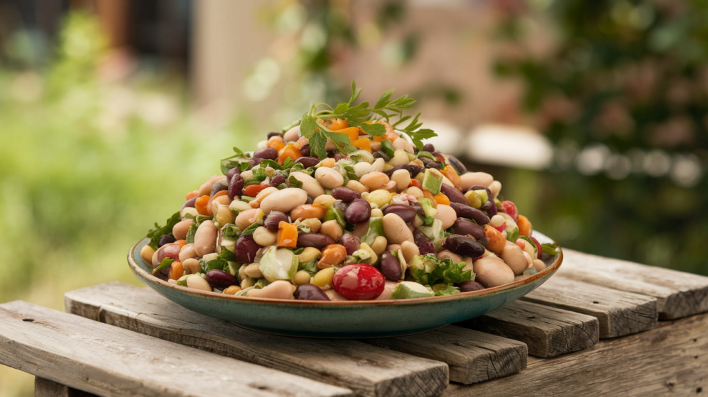 A colorful dense bean salad with mixed beans, cherry tomatoes, and fresh herbs in a bowl.