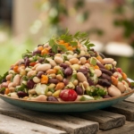 A colorful dense bean salad with mixed beans, cherry tomatoes, and fresh herbs in a bowl.