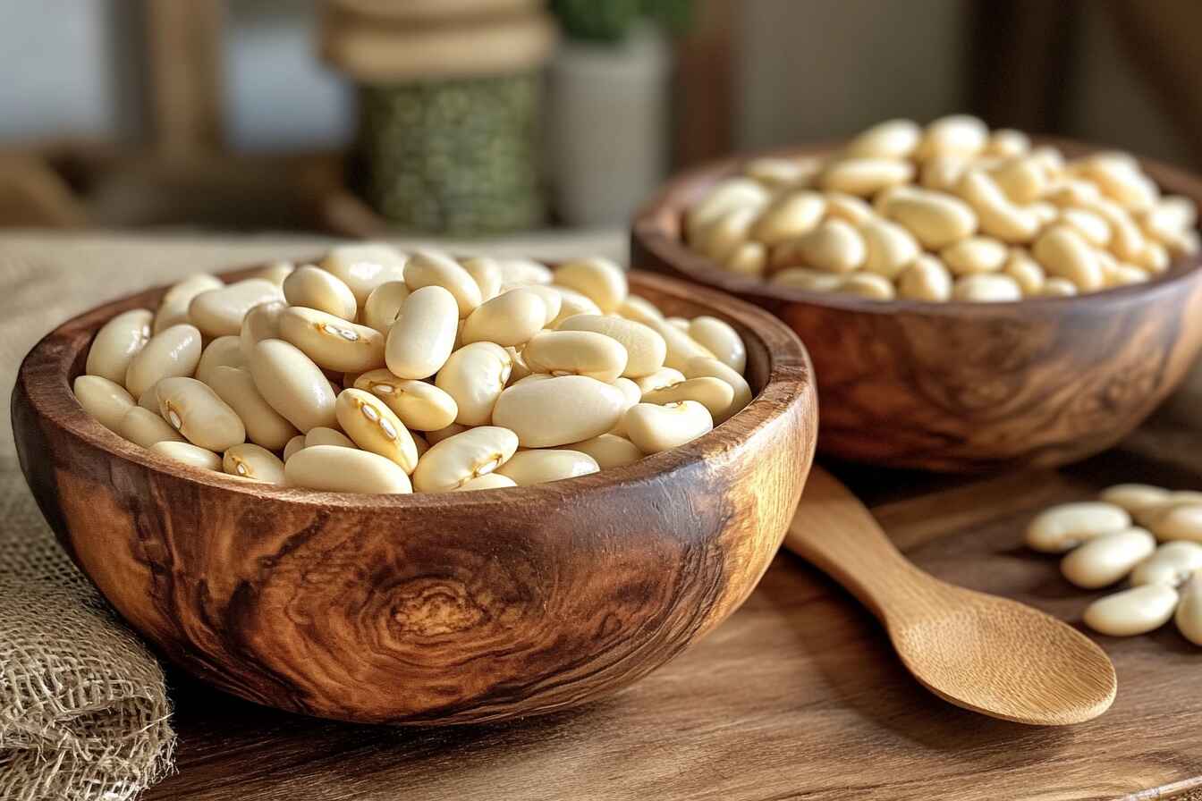 Butter Beans And Lima Beans In Rustic Wooden Bowls