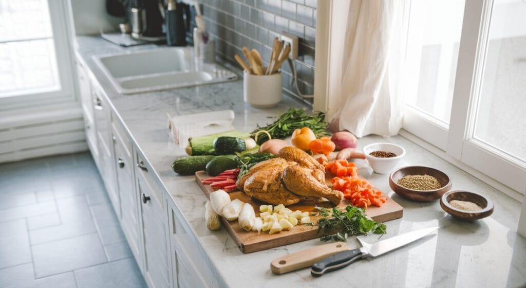 Chicken Salad Chick: A Culinary Delight 2 Ingredients for chicken salad, including fresh herbs, shredded chicken, and vegetables, laid out on a kitchen counter