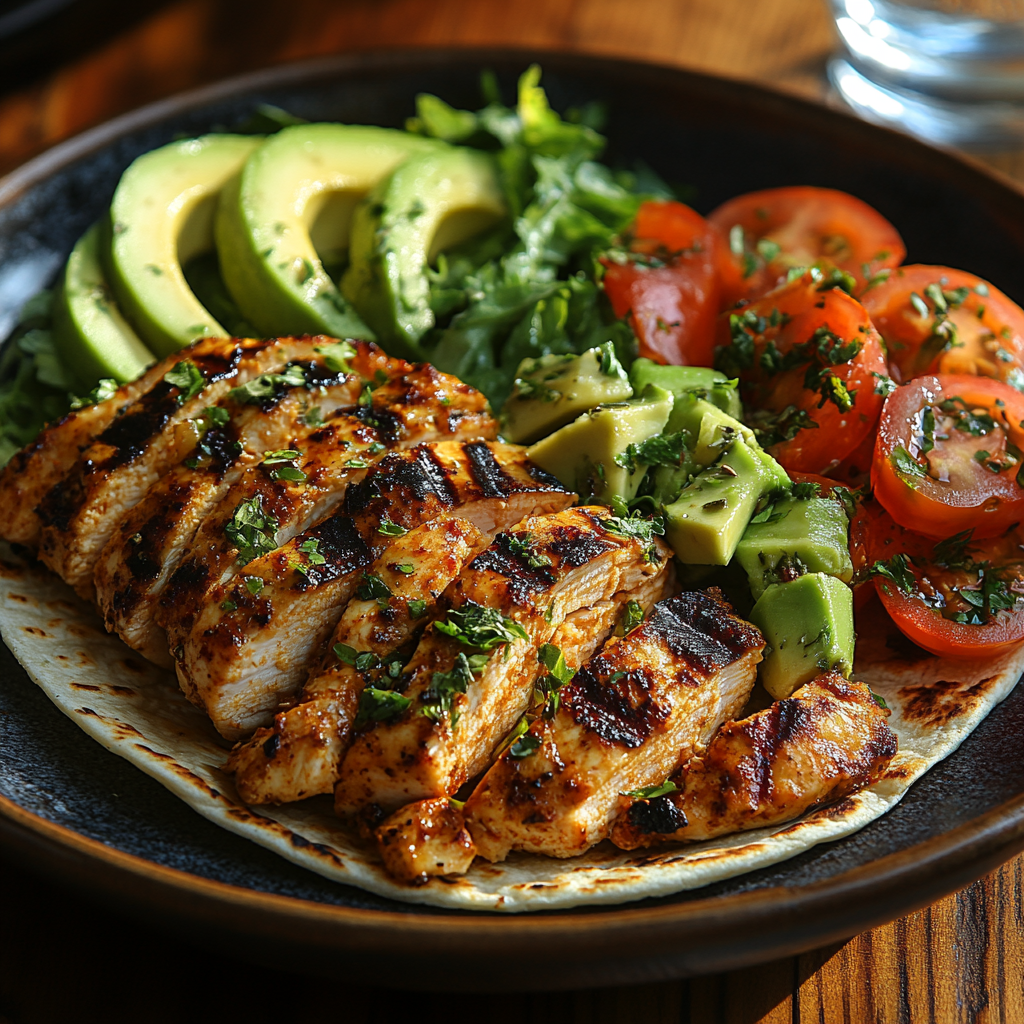 A healthy meal featuring tortillas with fresh vegetables and lean proteins.