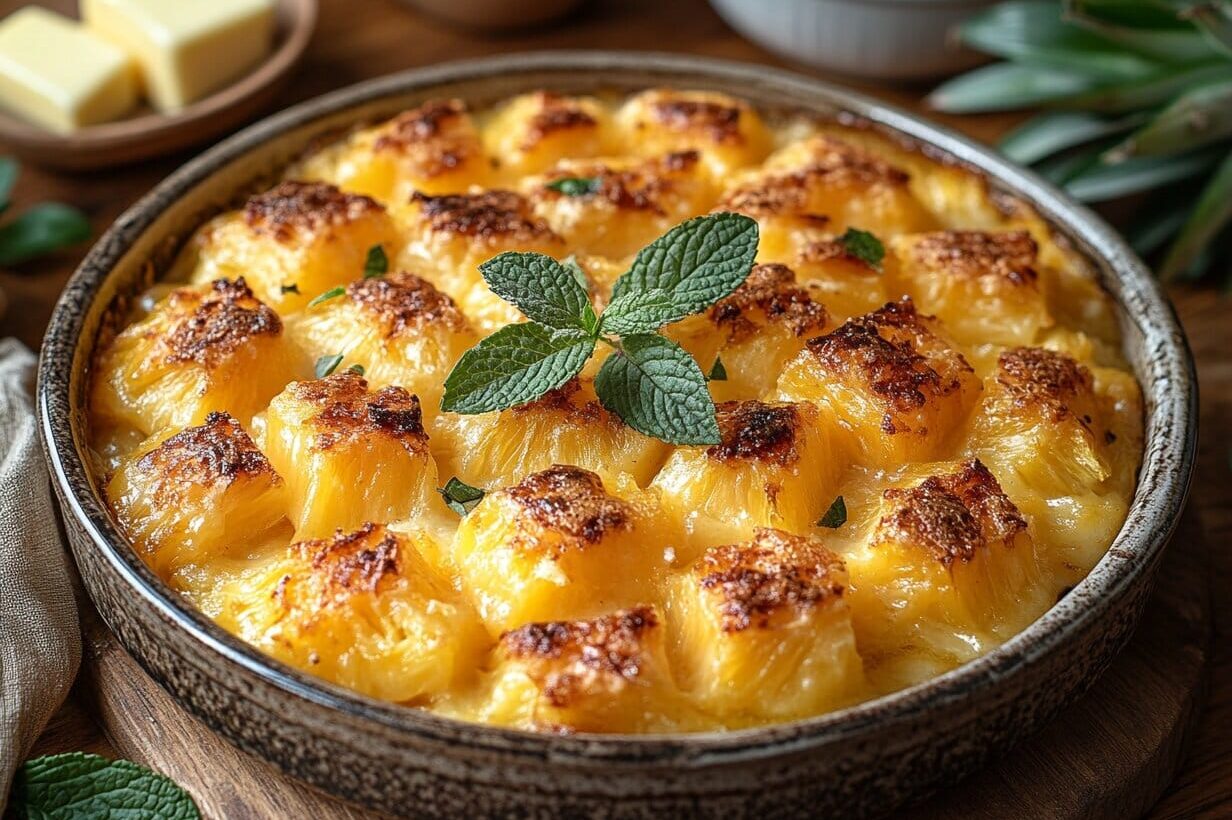 Golden-brown pineapple casserole with crispy bread topping, garnished with fresh mint, placed on a wooden table surrounded by baking ingredients.