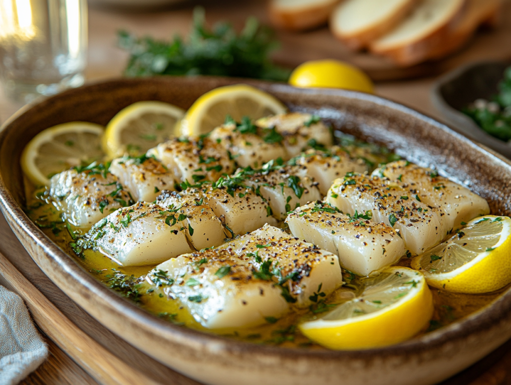 Mediterranean table with boquerones, olive oil, lemon slices, and bread on a rustic wooden table.