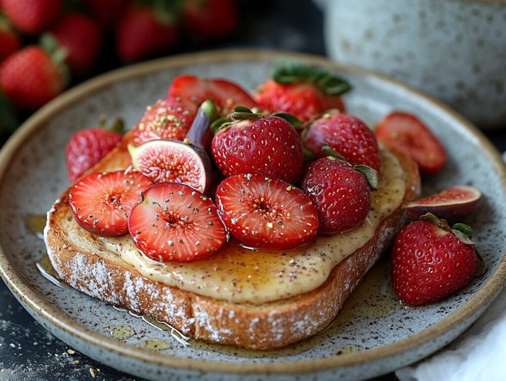 oast with pistachio spread, fresh fruit, and honey on a breakfast table with coffee.