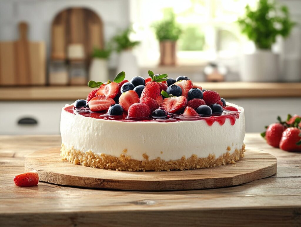 A whole no-bake cheesecake with a creamy filling, topped with fresh berries and berry sauce, sitting on a wooden counter in a cozy kitchen.