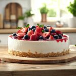 A whole no-bake cheesecake with a creamy filling, topped with fresh berries and berry sauce, sitting on a wooden counter in a cozy kitchen.