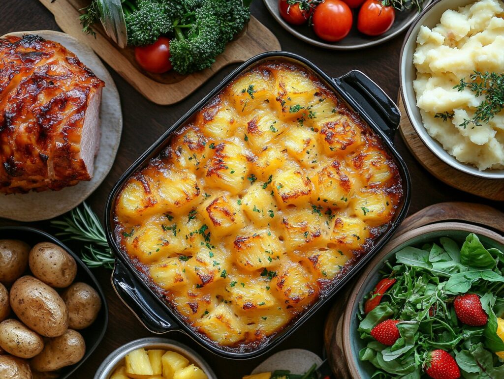 Cheesy pineapple casserole on a festive family table, surrounded by other dishes, with half of the casserole already served."