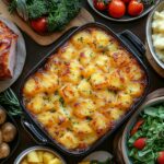 Cheesy pineapple casserole on a festive family table, surrounded by other dishes, with half of the casserole already served."