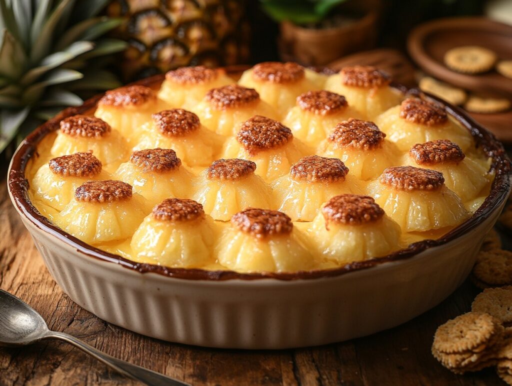 Freshly baked pineapple casserole with a golden-brown crust, ready to be served.