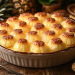 Freshly baked pineapple casserole with a golden-brown crust, ready to be served.