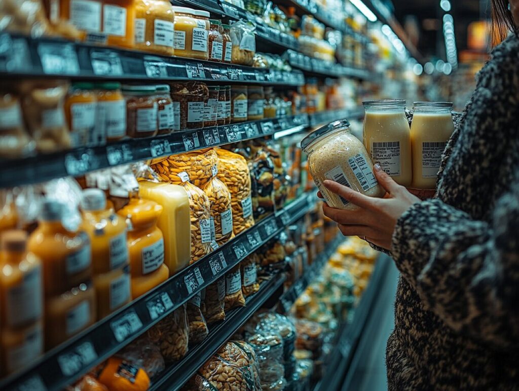 A person choosing between plant-based dairy alternatives and traditional dairy products at a grocery store.