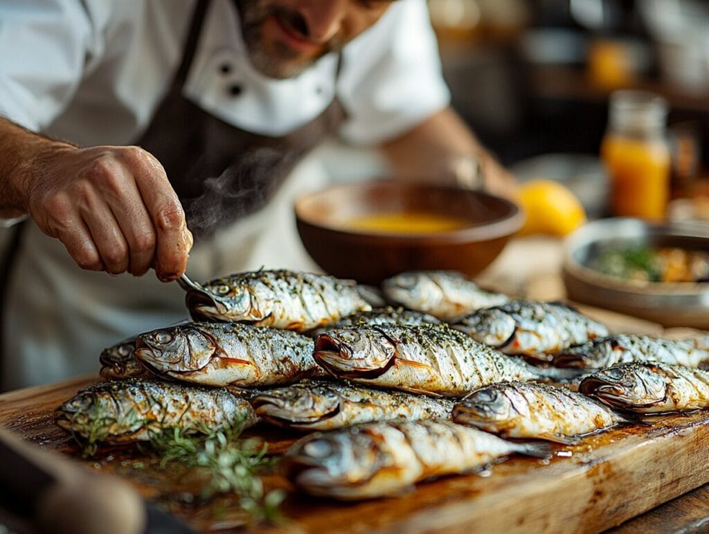 Boquerones Secrets: What Makes Them So Special? 2 Spanish chef preparing boquerones, cleaning and marinating the fish with vinegar and olive oil in a traditional kitchen