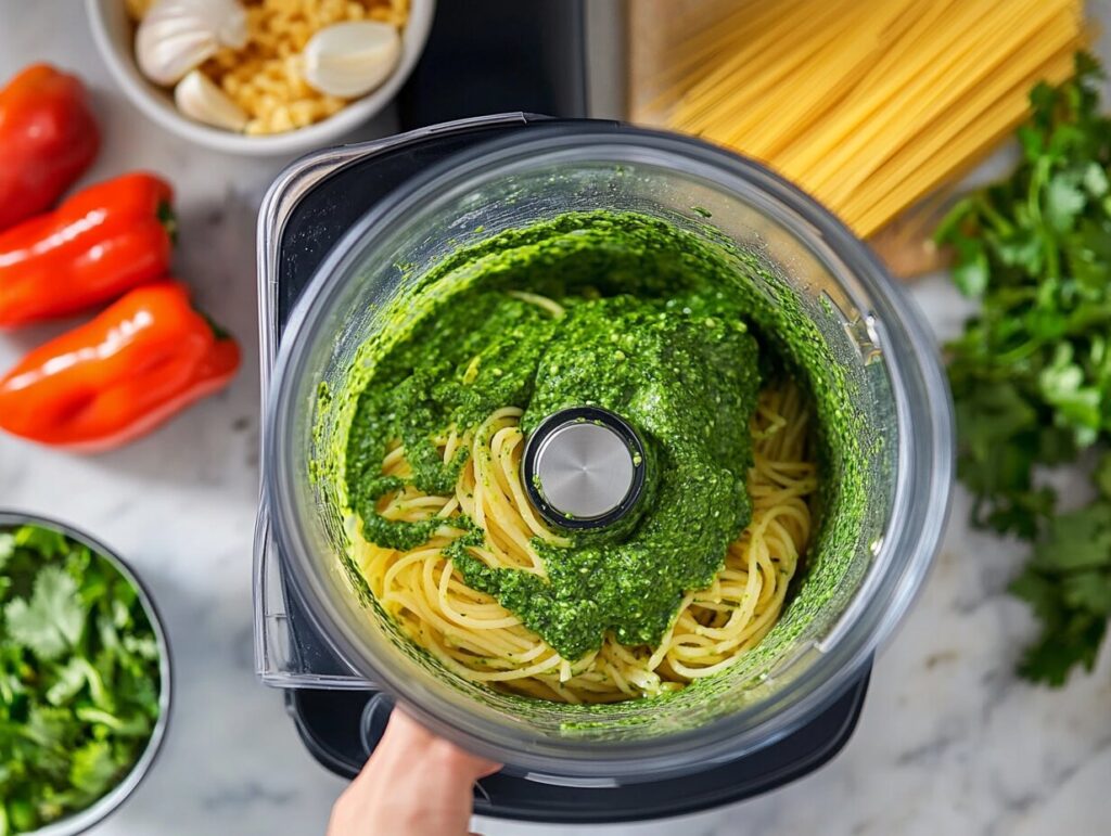 Step-by-step preparation of green spaghetti sauce with fresh ingredients and a blender.