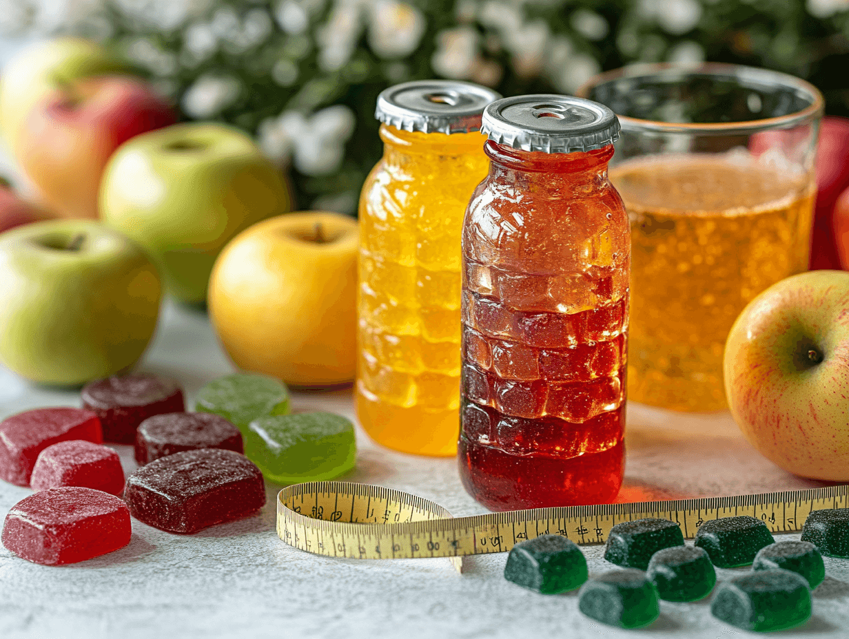 Colorful Keto ACV gummies with apples, apple cider vinegar, and a tape measure on a white countertop, representing health and weight loss.