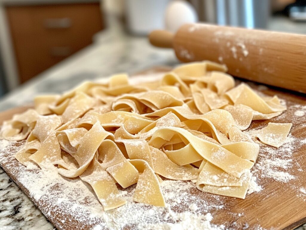 Wide pappardelle pasta with bolognese sauce and fresh basil on a rustic table