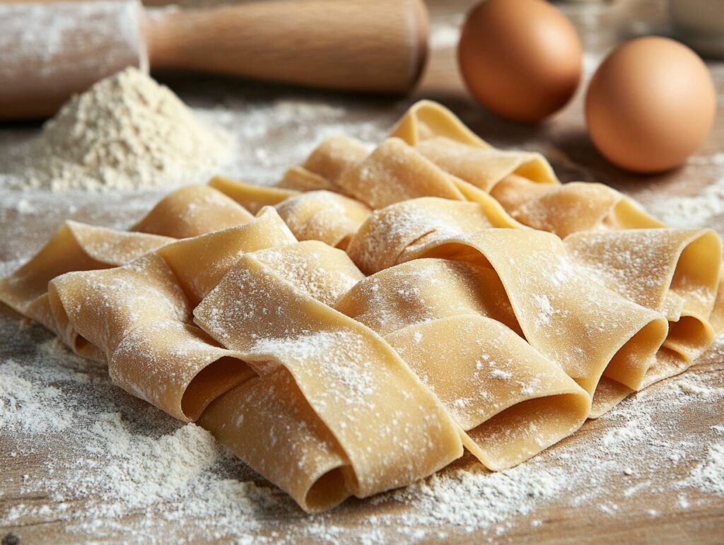 Uncooked pappardelle pasta ribbons with dough-making ingredients.