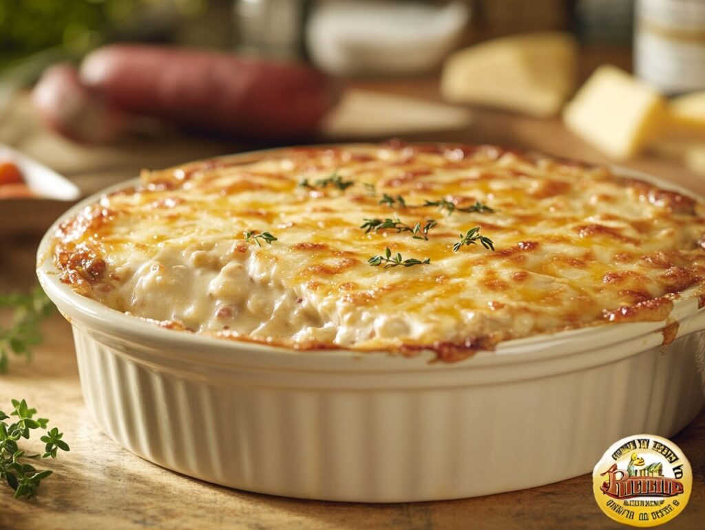 A portion of the casserole served on a plate, with crusty bread on the side and a touch of fresh parsley to garnish, accompanied by a refreshing green salad. All presented on a family table for a comforting dinner.