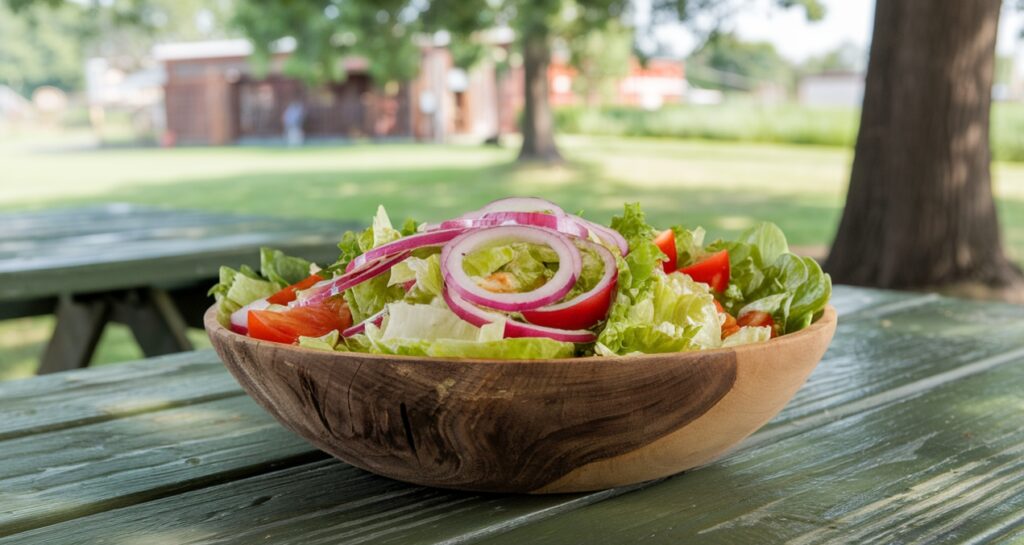 Rustic wooden salad bowl with a freshly tossed garden salad.