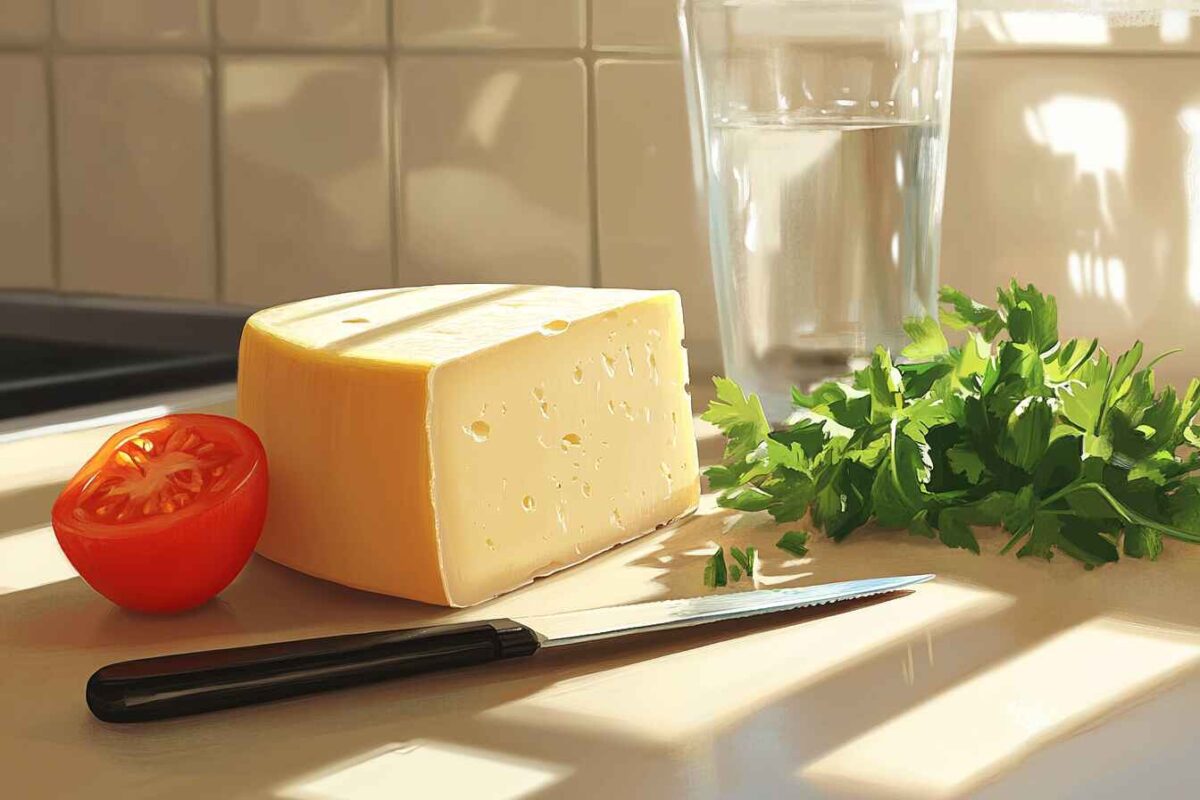 Is Provolone cheese Vegetarian? Hidden Facts You Must Know 2 A Block Of Provolone Cheese With A Cheese Knife, Fresh Tomatoes, And Parsley On A Rustic Kitchen Counter.