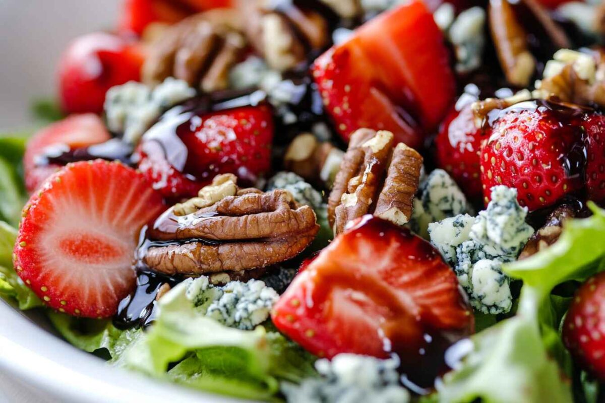 Everything You Need To Know About Blue Cheese Crumbles 2 A Fresh Salad Topped With Blue Cheese Crumbles, Strawberries, Candied Pecans, And Balsamic Glaze, Showcasing A Colorful And Flavorful Dish.