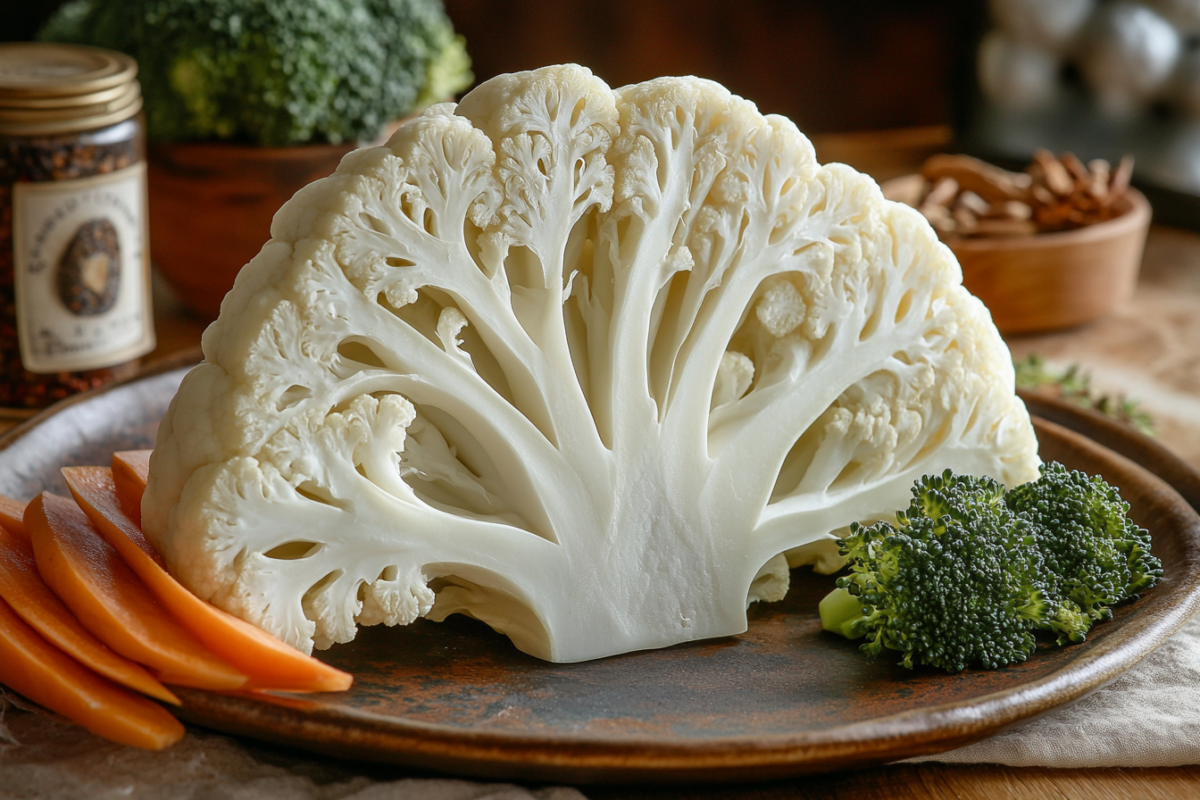 White Broccoli Explained: Why You’ll Love This Superfood 2 A Sliced White Broccoli Head On A Rustic Plate, Highlighting Its Intricate Texture With Fresh Vegetable Slices For Contrast.