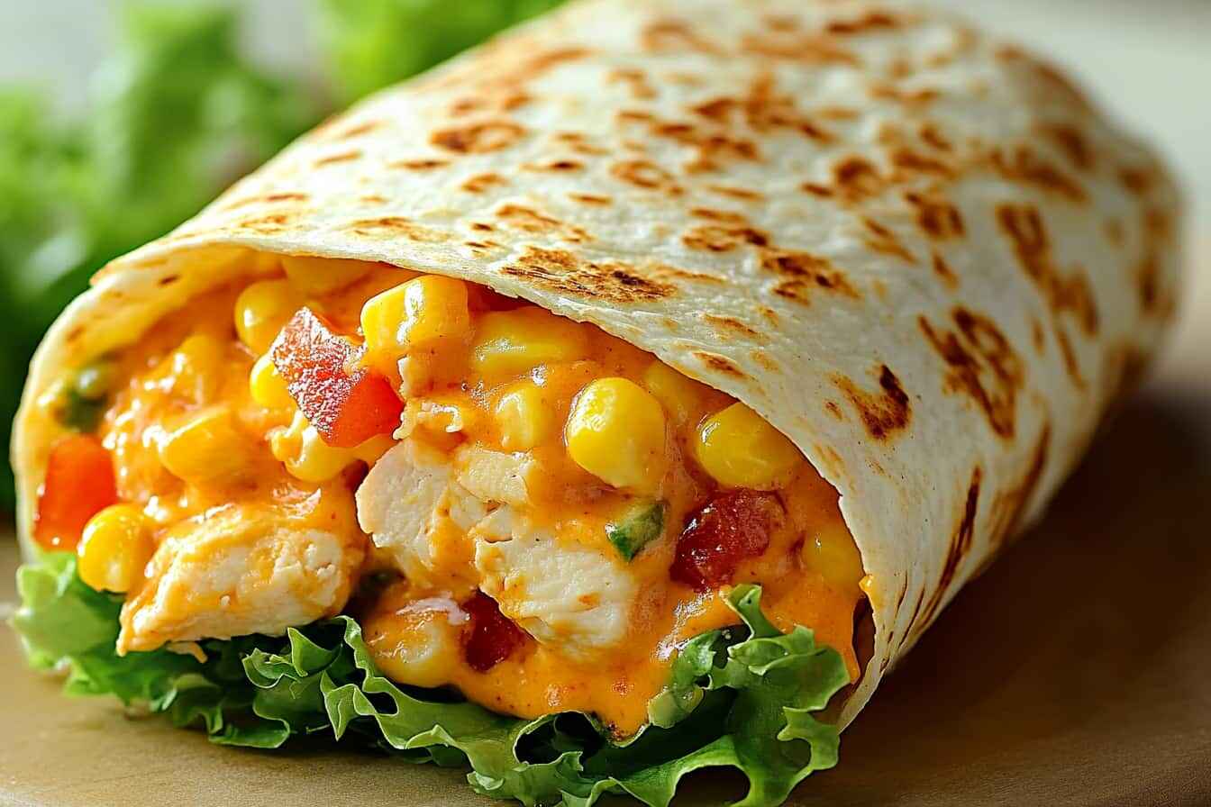 A Spicy Chicken Wrap With Melted Cheese, Crisp Lettuce, Corn, And Diced Tomatoes, Wrapped In A Lightly Grilled Tortilla.