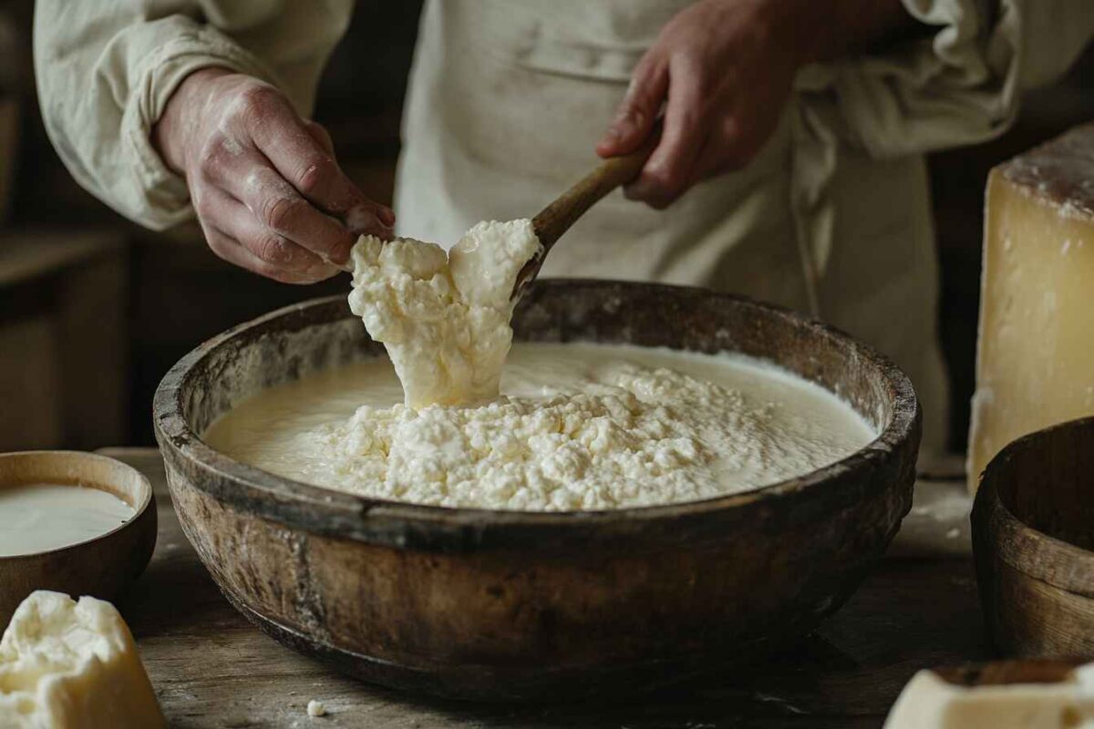 Is Provolone cheese Vegetarian? Hidden Facts You Must Know 3 An Artisanal Cheese Making Scene With Milk, Curds, And Traditional Tools Illustrating The Role Of Rennet In Cheese Production.