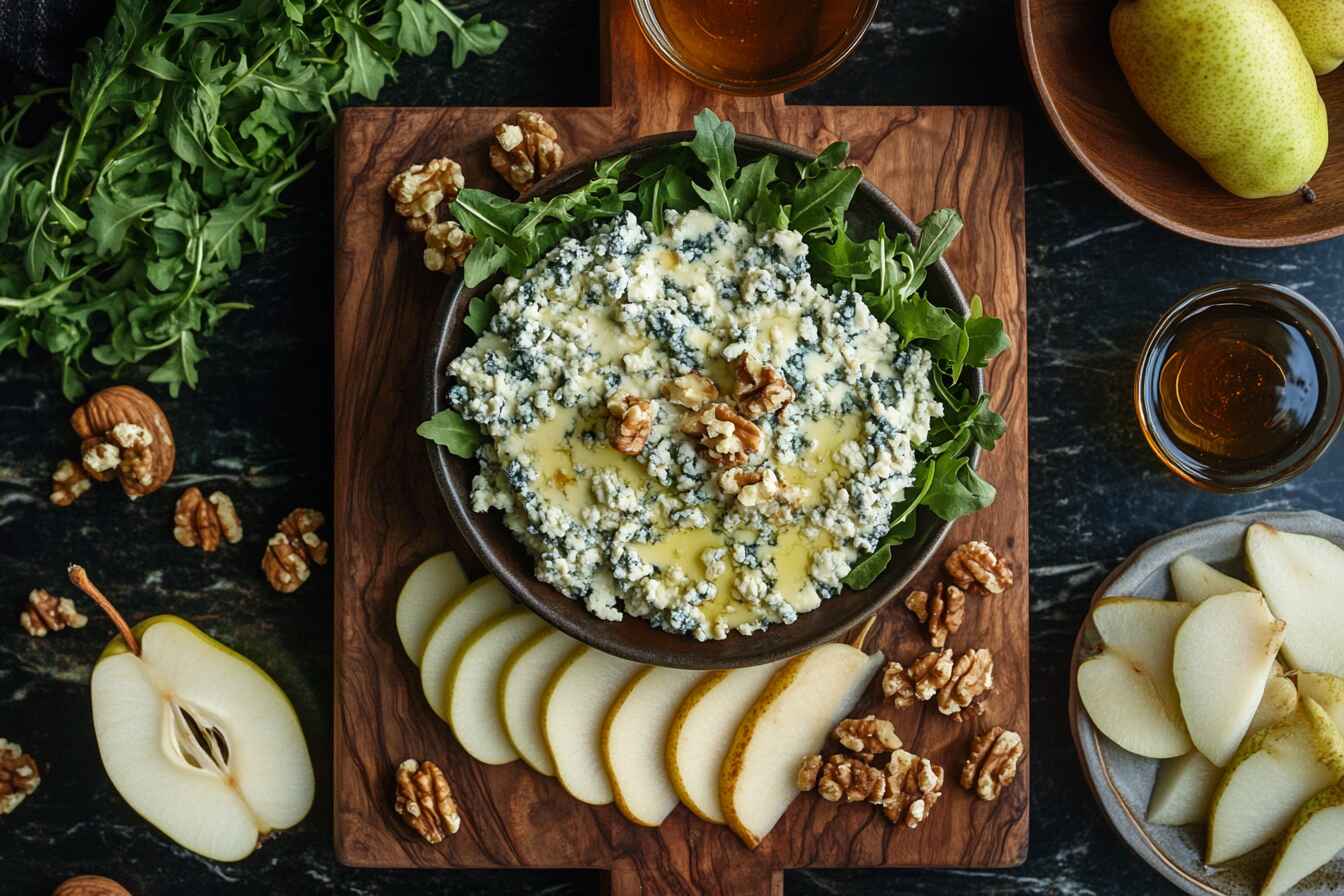 An Elegant Top Down View Of Crumbled Blue Cheese Surrounded By Greens, Pears, Walnuts, And Honey On A Rustic Wooden Board.