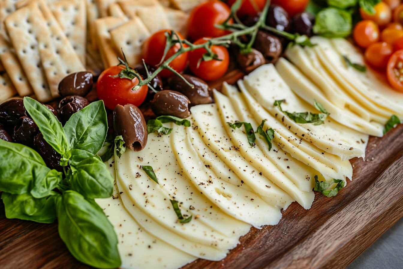 An Inviting Platter Of Provolone Cheese Slices With Basil, Olives, And Breadsticks, Symbolizing Italian Culinary Heritage.