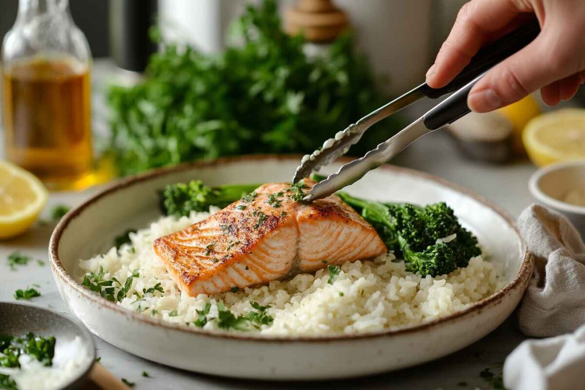 Love Flavor? Try Salmon Rice Pilaf With Broccoli Rabe 3 Assembling Salmon Rice Pilaf With Broccoli Rabe A Hand Placing Vibrant Green Broccoli Rabe Alongside Golden Salmon On A Bed Of Rice Pilaf