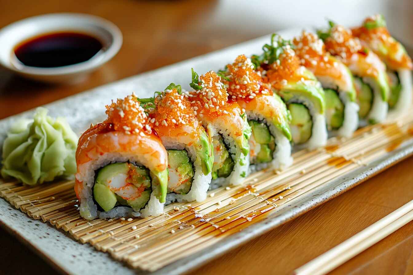Beautifully Arranged Boston Roll Sushi On A Bamboo Mat With Soy Sauce And Chopsticks.