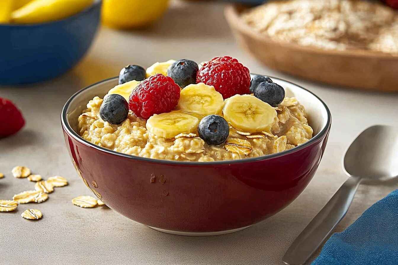 Bowl Of Kodiak Oatmeal With Fresh Berries And Bananas On A Rustic Breakfast Table