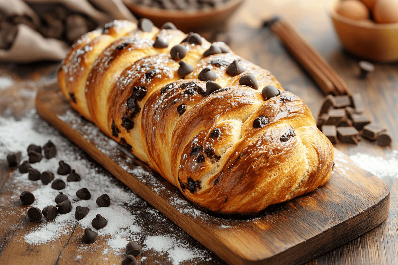 Braided Chocolate Chip Brioche Loaf On A Wooden Board, Surrounded By Chocolate Chips And Flour, With A Warm Kitchen Background.