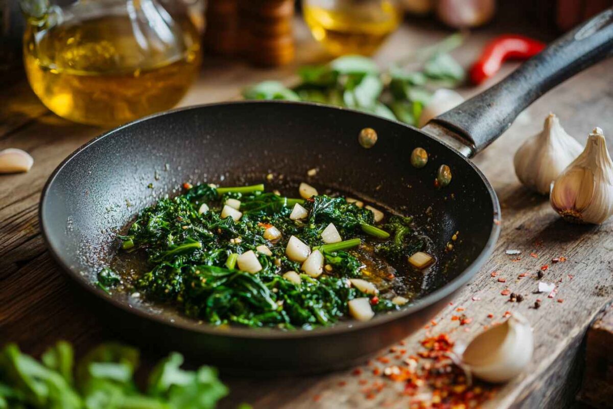 Love Flavor? Try Salmon Rice Pilaf With Broccoli Rabe 2 Broccoli Rabe Sautéing In A Skillet With Garlic And Olive Oil, Showcasing Its Bright Green Color And Tender Texture