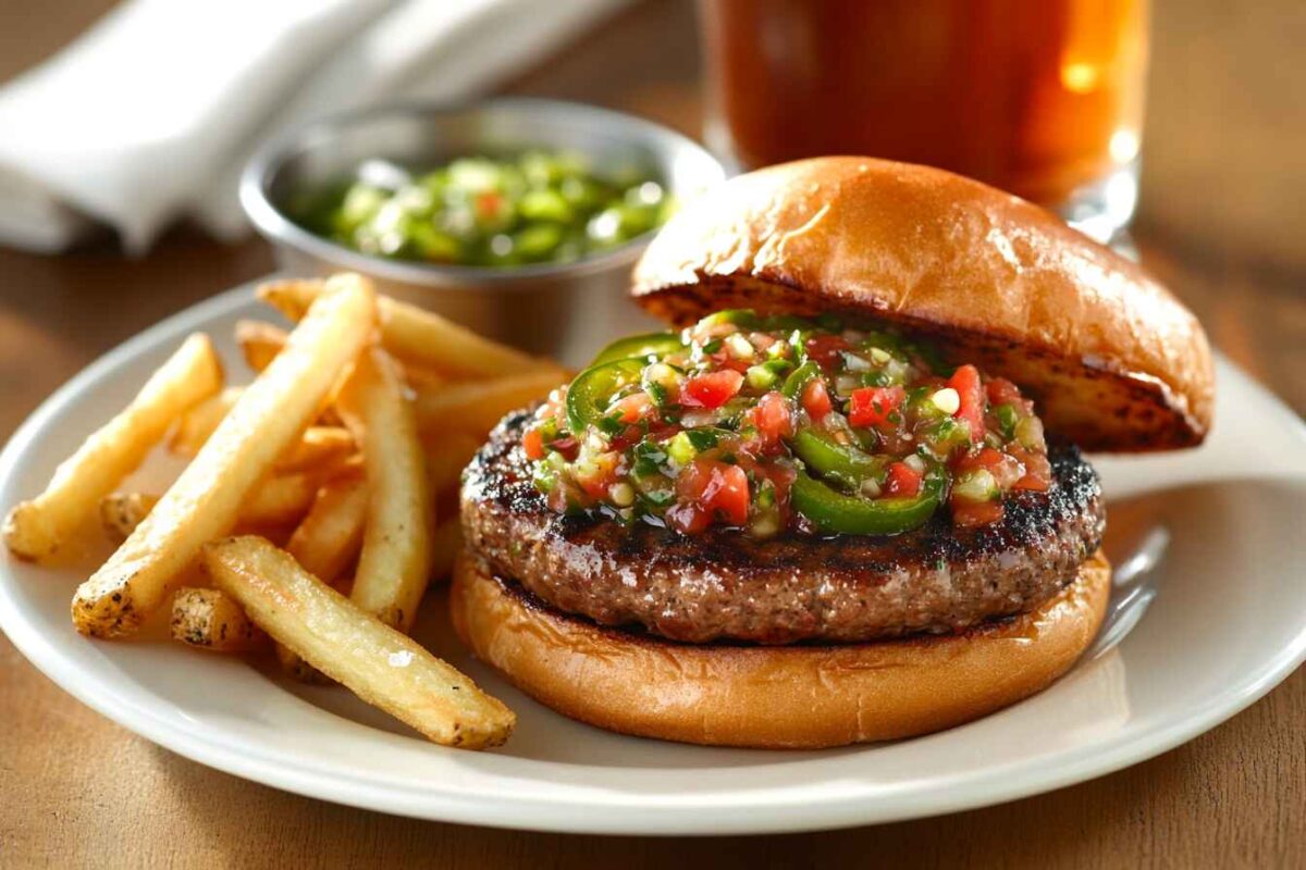 How to Make Jalapeño Relish: Bold & Spicy! 3 Burger Topped With Jalapeño Relish Served With Fries, With A Small Bowl Of Relish And A Glass Of Iced Tea In The Background.