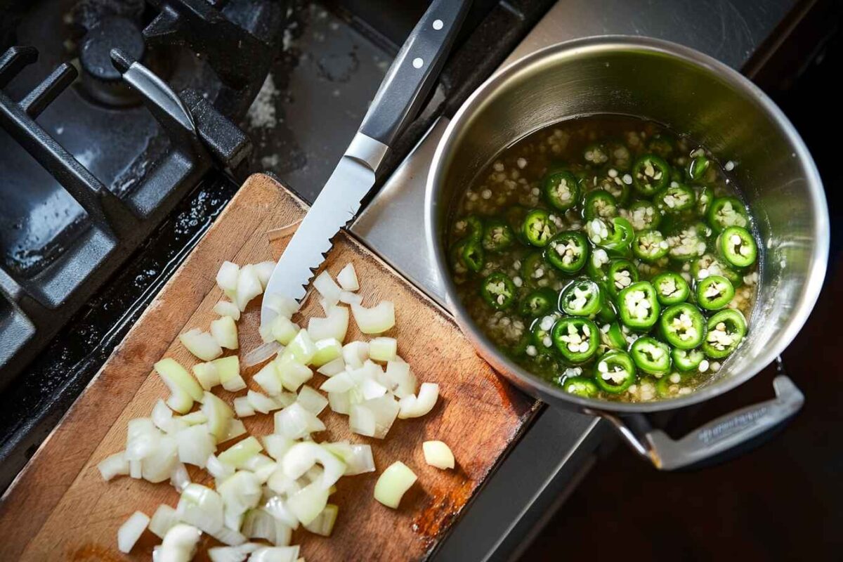 How to Make Jalapeño Relish: Bold & Spicy! 2 Chopped Jalapeños And Onions On A Cutting Board, With A Saucepan Of Simmering Relish Mixture On A Stove During The Cooking Process