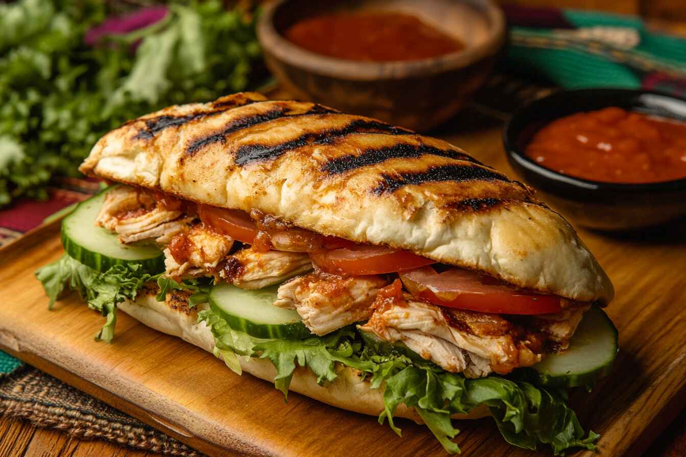 Close Up Of A Beautifully Presented Pan Con Pollo Sandwich With Fresh Vegetables, Served On A Rustic Wooden Board.